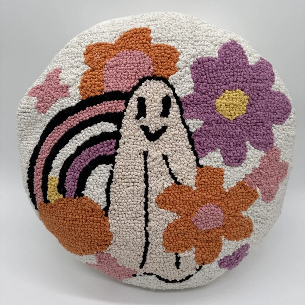 Cupcakes & Cashmere Halloween Round Ghost With Rainbow Flowers Throw Pillow‎ 18